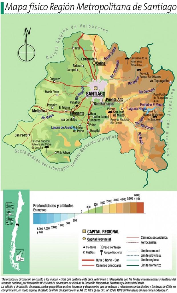 Mapa físico Región Metropolitana de Santiago.