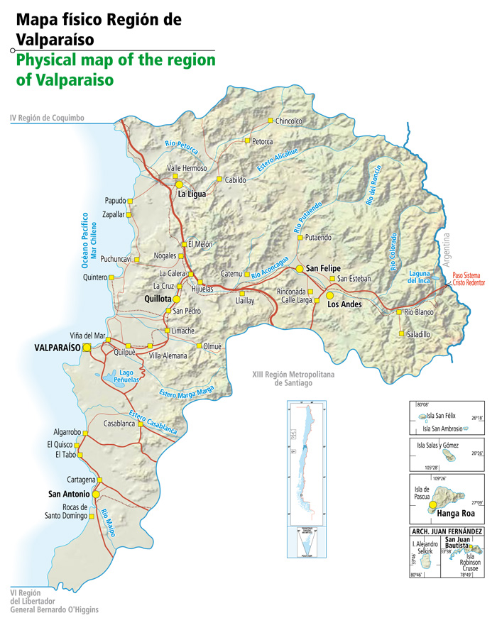 Mapa físico de la Región de Valparaíso