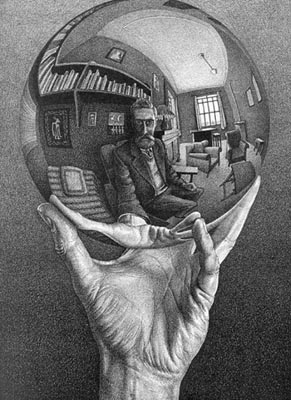 607630-jpg - Aquí se ilustra la deformación del mundo producida por una esfera reflectante. Teóricamente todo el entorno se refleja en la imagen, tanto más distorsionado cuanto más lejos se encuentra de la línea de visión.
