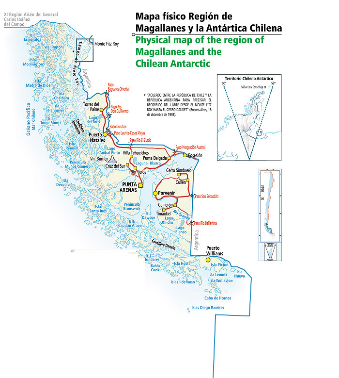 Mapa físico Región de Magallanes y de la Antártica Chilena