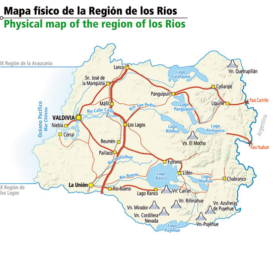 Mapa físico de la Región de los Ríos