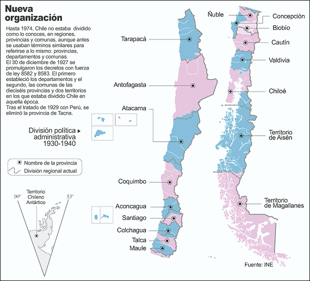 Mapa de la división política administrativa de Chile 1930 -1940